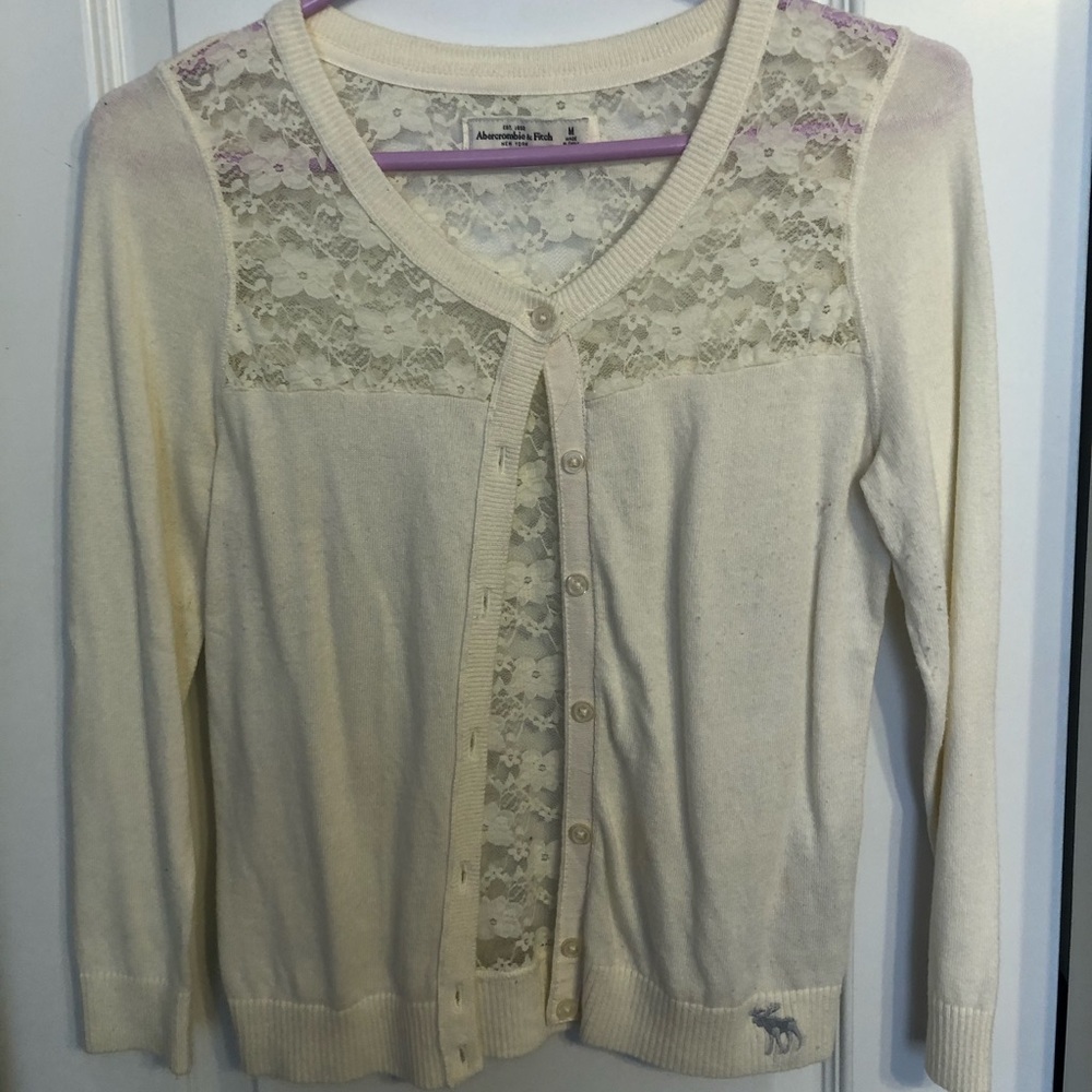 Cream Abercrombie and Fitch Cardigan Sweater with lace. Sz M. Very gently worn!